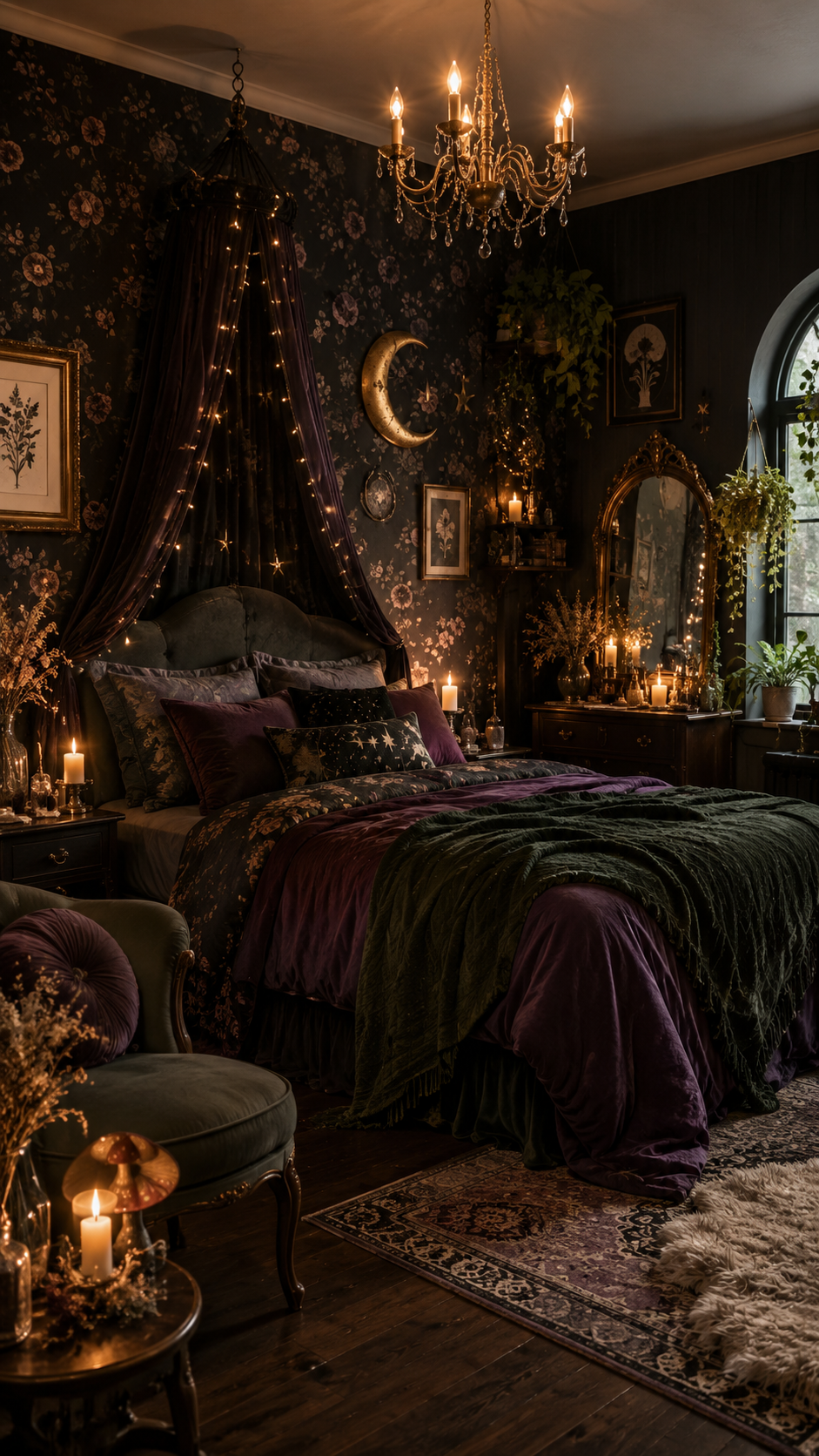 Dark whimsical bedroom with plum bedding, forest green pillows, floral wallpaper, canopy lights, crescent moon, chandelier, vintage dresser, gold mirror, plants, armchair, and layered rugs
