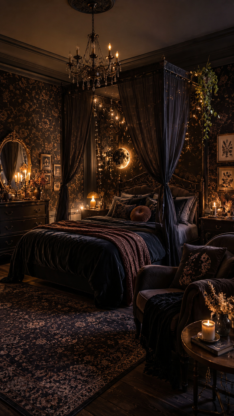 Dark whimsical bedroom with black canopy bed, sheer curtains, dark floral wallpaper, burgundy throw, glowing moon decor, chandelier, candles, vintage dresser, plants, and reading chair