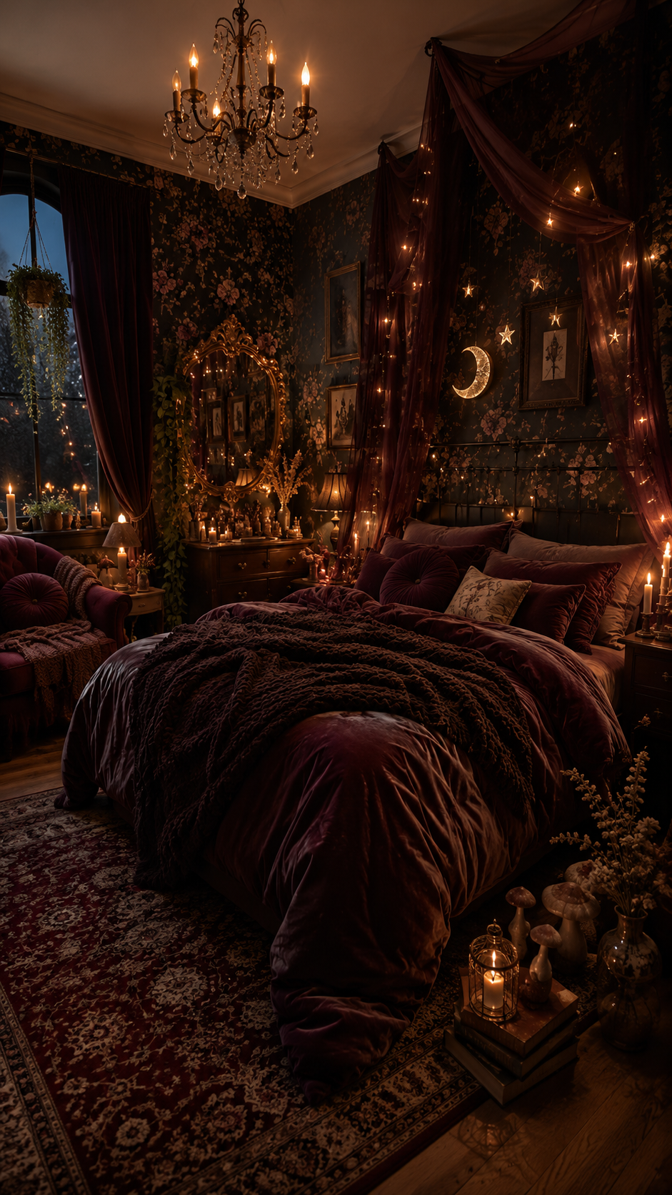 Dark whimsical bedroom ideas with burgundy bedding, floral wallpaper, canopy fabric, crescent moon decor, star lights, chandelier, vintage mirror, candles, plants, and patterned rug