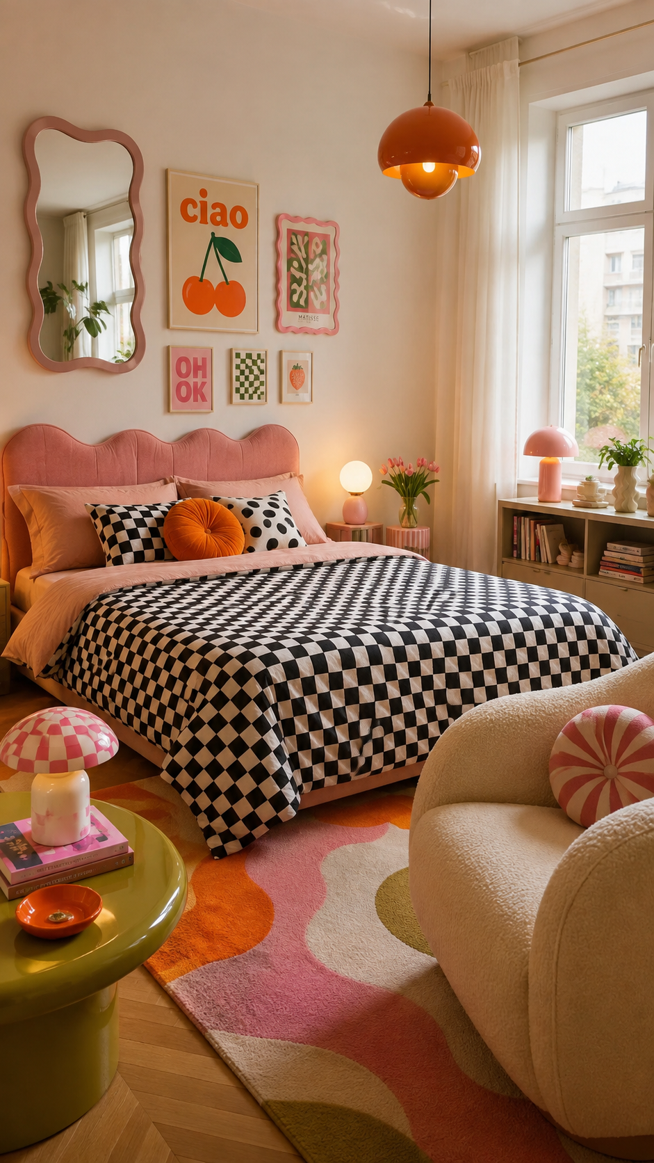 Retro apartment bedroom with dusty pink curved bed, checkerboard duvet, colorful wall art, wavy mirror, orange pendant light, olive green table, boucle chair, plants, and patterned rug