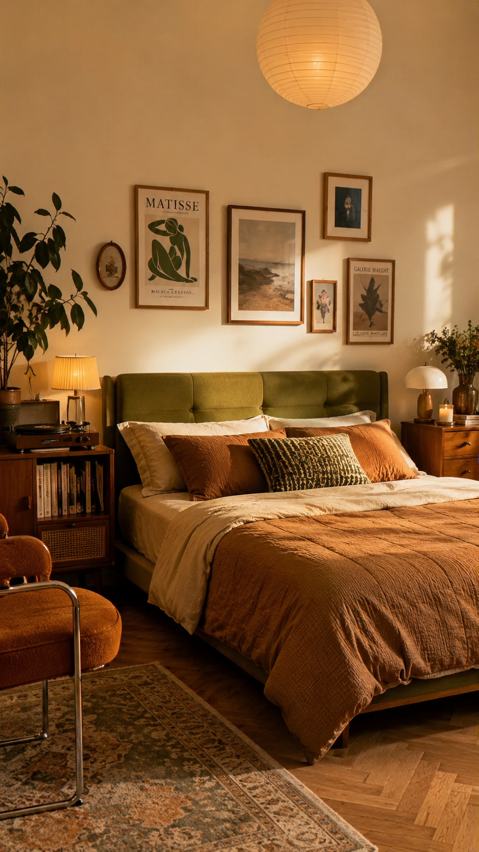 Retro apartment bedroom with olive green upholstered headboard, rust bedding, gallery wall, record player, mid-century bedside cabinet, paper pendant light, orange chair, plants, and vintage rug