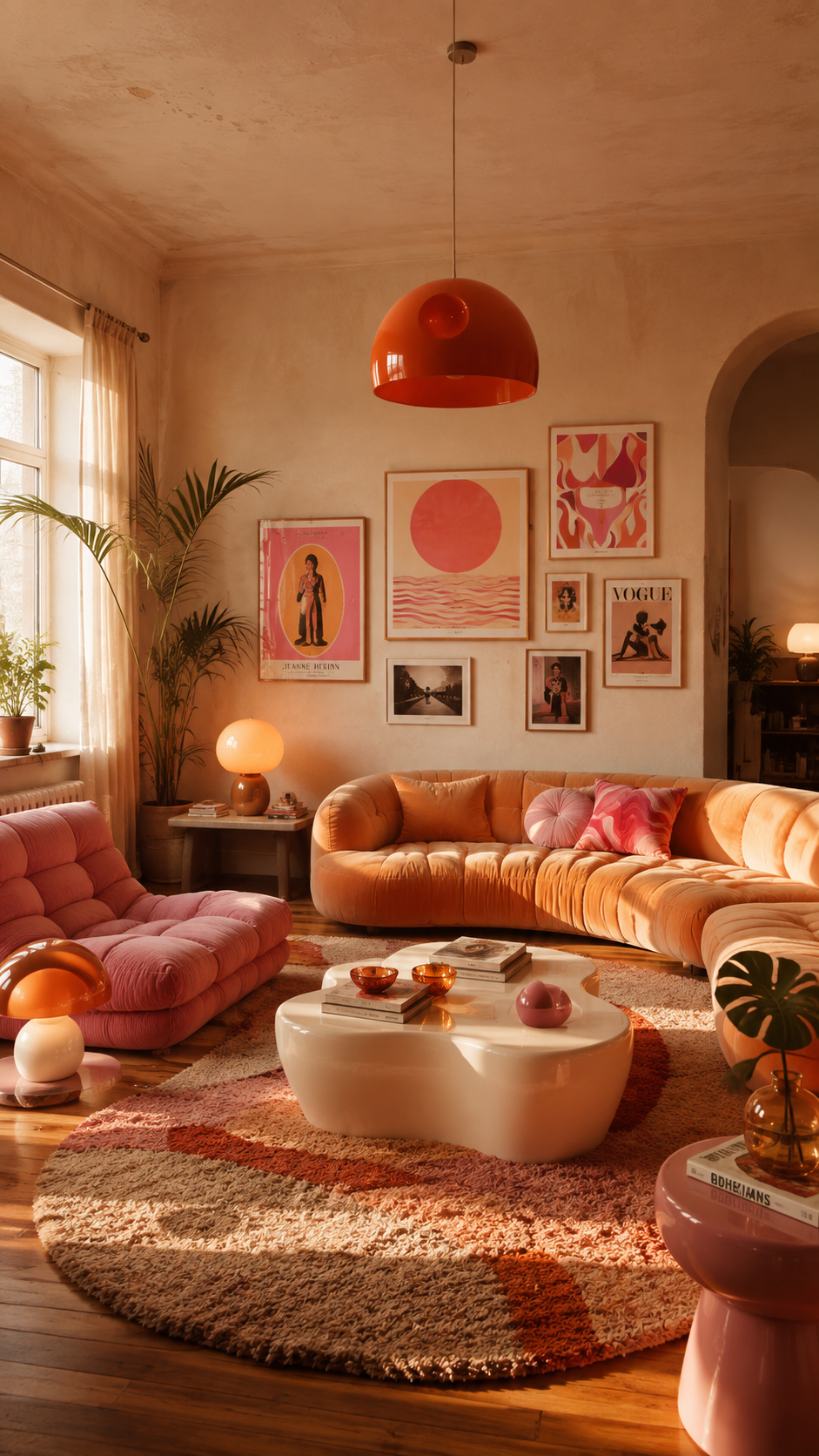 Retro apartment living room with curved orange sofa, pink lounge chair, cream sculptural coffee table, shag rug, vintage gallery wall, orange dome pendant, mushroom lamps, plants, and warm wood floor