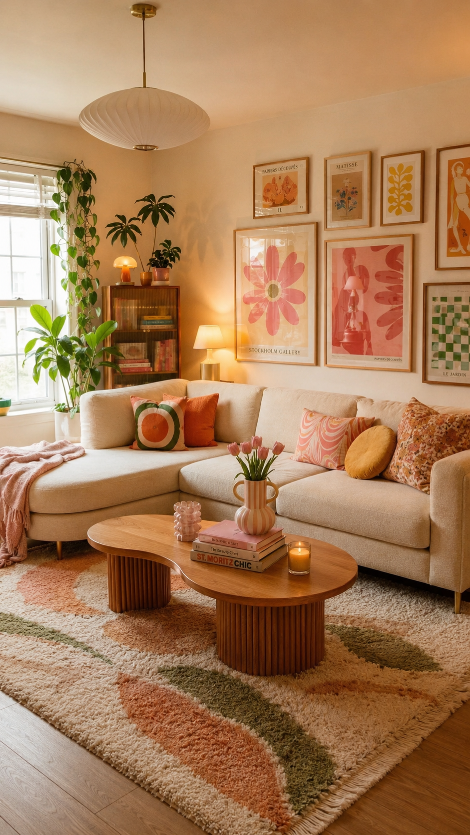 Retro apartment living room with cream sectional sofa, colorful pillows, sculptural wood coffee table, shag rug, gallery wall, plants, orange lamp, ceiling fixture, and warm wood flooring
