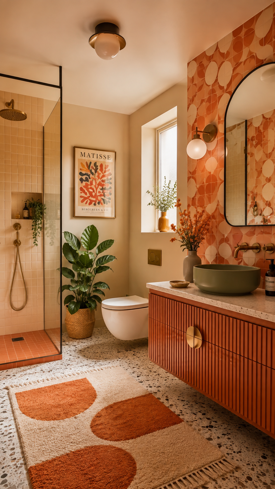 Retro apartment bathroom with terracotta floating vanity, patterned orange feature wall, olive green vessel sink, brass faucet, round mirror, glass shower, peach tiles, plant, and geometric rug