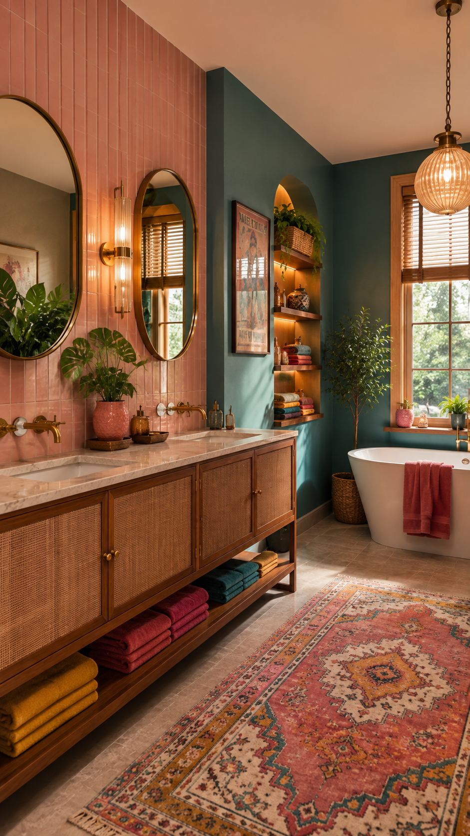 Retro apartment bathroom with dusty pink tile, deep teal walls, wood double vanity, cane cabinet doors, brass oval mirrors, ribbed glass sconces, freestanding tub, colorful towels, and vintage runner