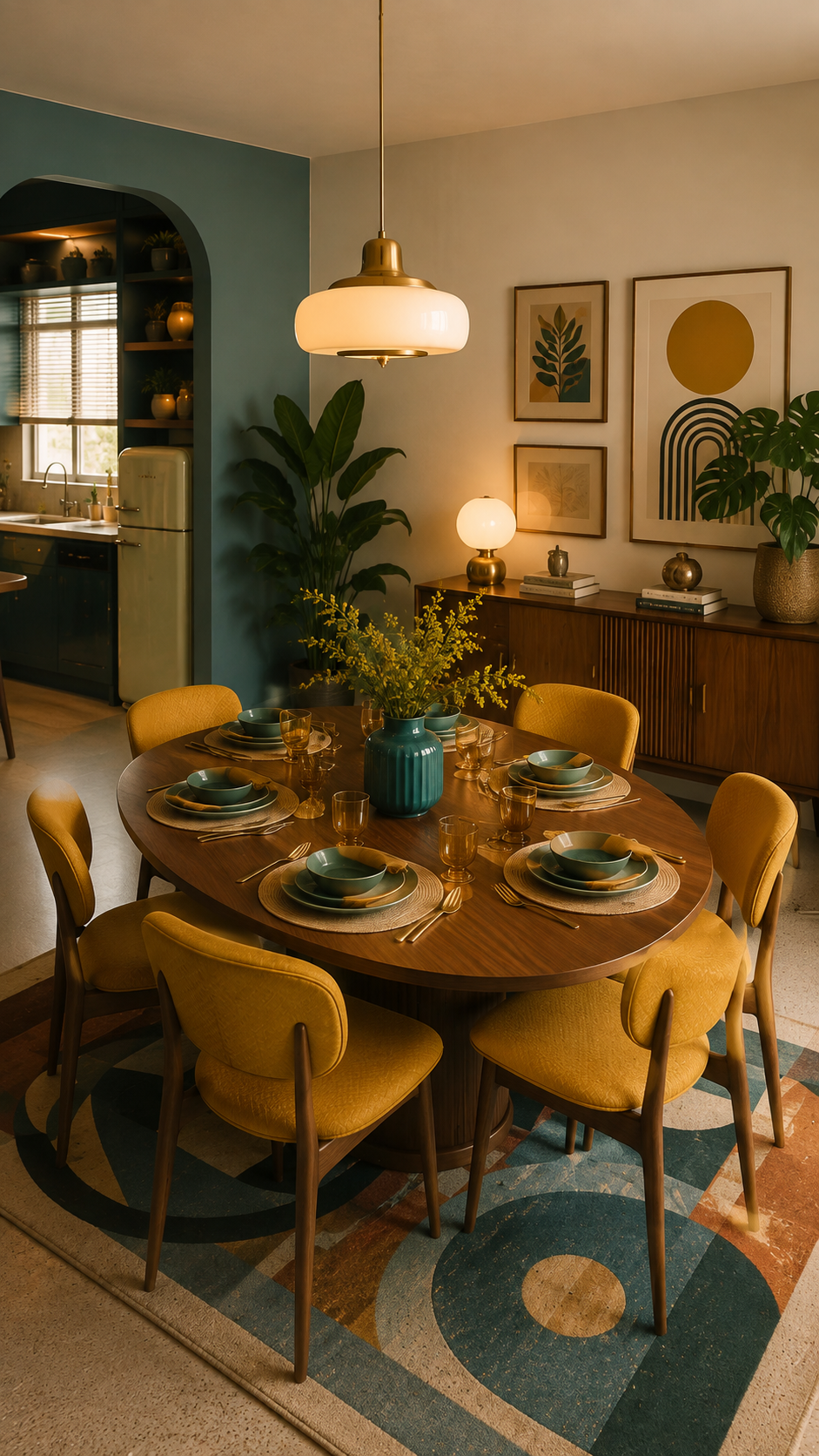 Retro apartment dining room with round walnut table, mustard chairs, teal archway, geometric rug, sideboard, brass pendant light, plants, vintage refrigerator, and green dinnerware
