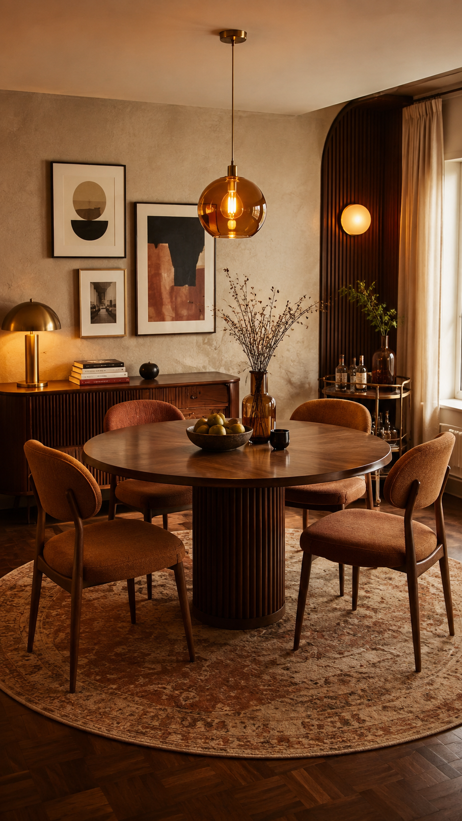 Moody retro apartment dining room with round walnut table, rust upholstered chairs, amber globe pendant, dark sideboard, brass lamp, bar cart, abstract artwork, curved wood wall, and vintage rug