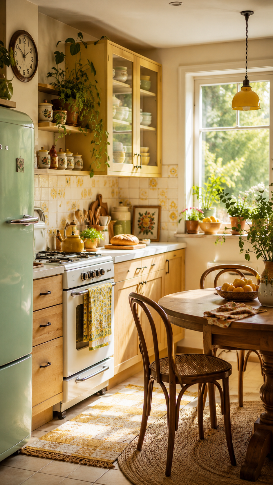 Retro apartment kitchen with mint green refrigerator, butter yellow cabinet, wood cabinets, floral backsplash, round dining table, bentwood chairs, yellow pendant light, plants, herbs, and patterned runner