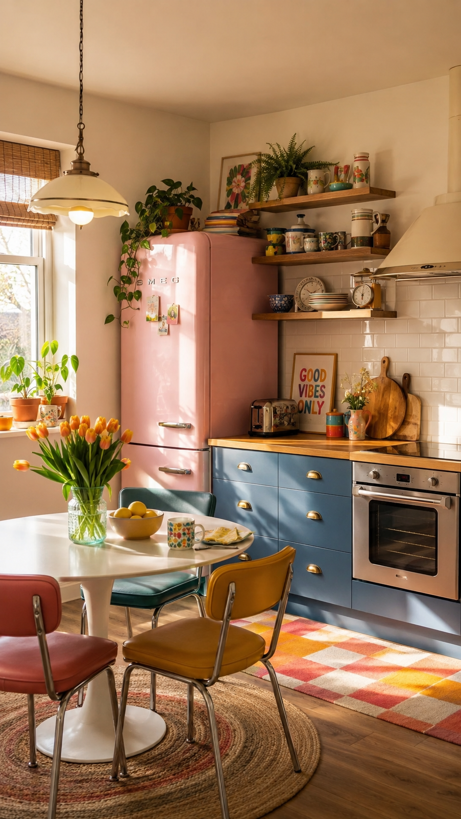 Colorful retro apartment kitchen with pink refrigerator, deep blue cabinets, open wood shelves, white subway tile, mismatched dining chairs, tulips, woven rug, colorful runner, and vintage pendant