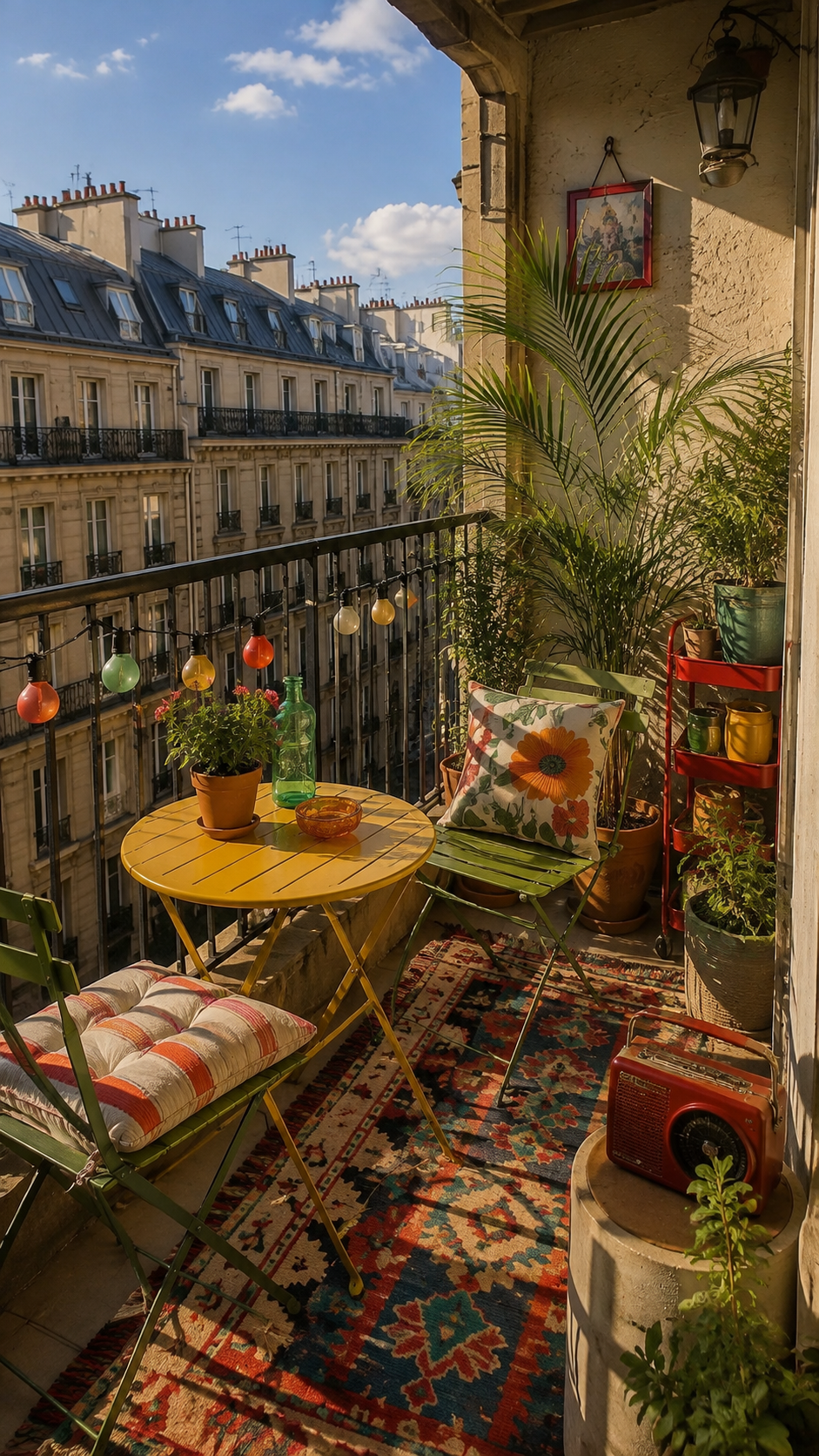 Small retro apartment balcony with yellow bistro table, green folding chairs, patterned cushions, vintage rug, plants, red shelving trolley, string lights, retro radio, and city view