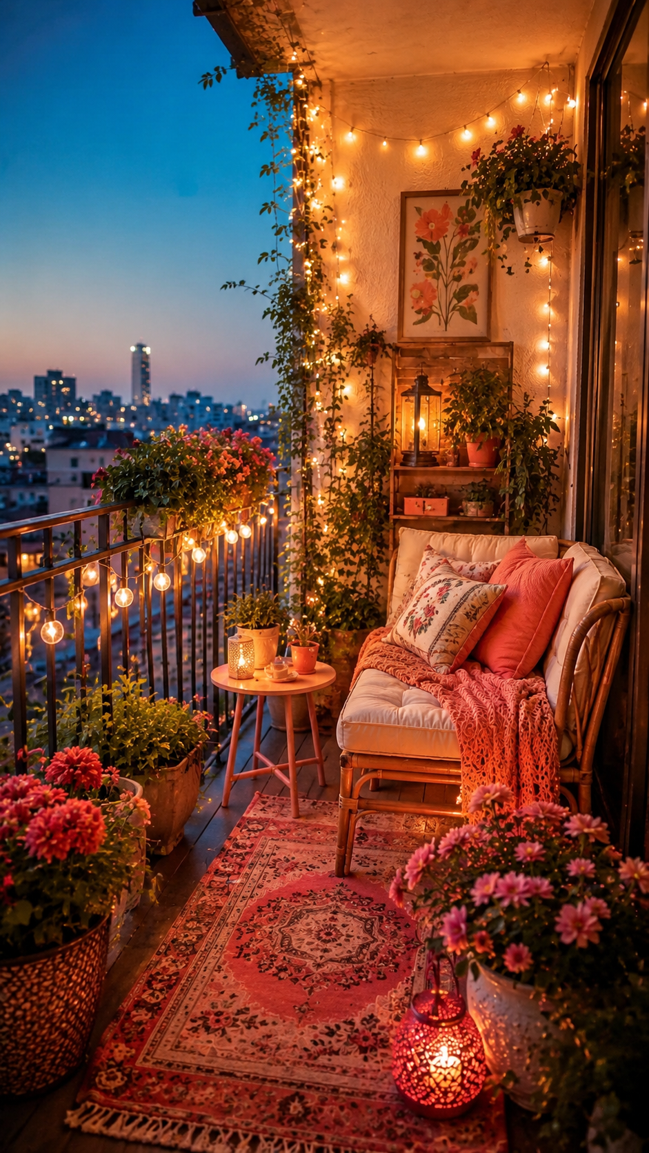 Evening retro apartment balcony with rattan loveseat, coral pillows, string lights, plants, patterned rug, side table, lanterns, flowers, wall baskets, and city skyline view