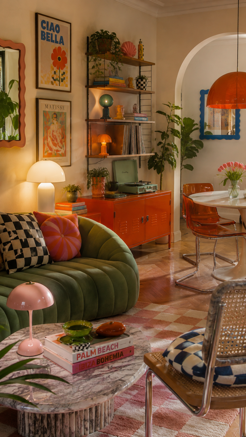 Retro apartment living and dining space with olive green velvet sofa, checkerboard rug, wavy mirrors, orange cabinet, record player, open shelving, transparent orange dining chairs, white table, and plants