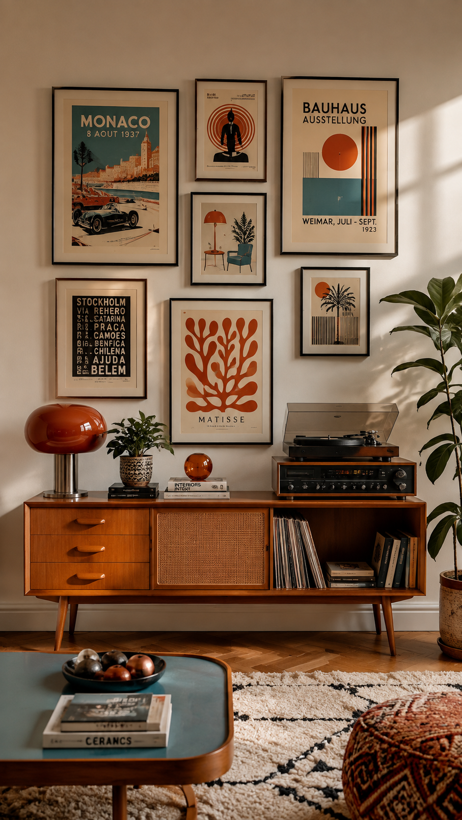 Retro apartment living room with walnut sideboard, cane-front storage, record player, vinyl records, gallery wall, orange mushroom lamp, plants, blue-green coffee table, cream rug, and geometric decor