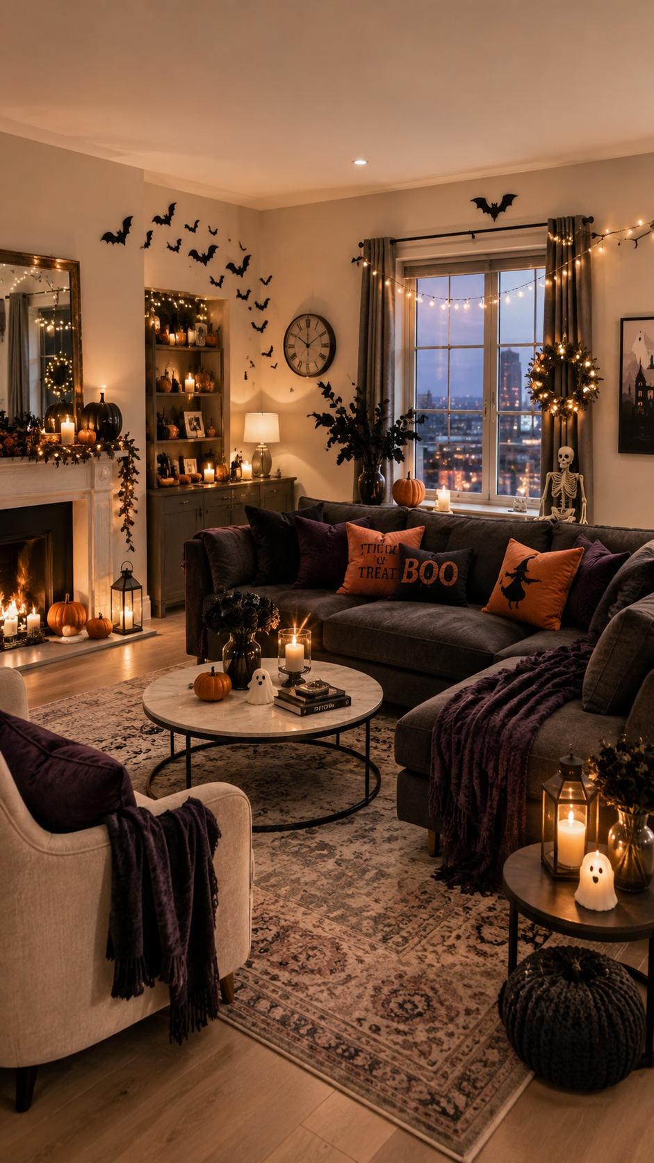 Warm Halloween living room with charcoal seating, fairy lights, pumpkins and fireplace