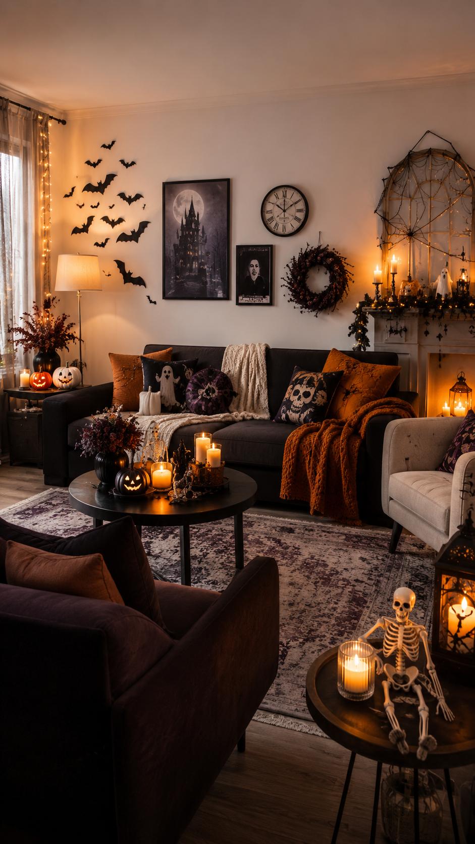 Moody charcoal Halloween living room with orange accents, pumpkins and cozy textures