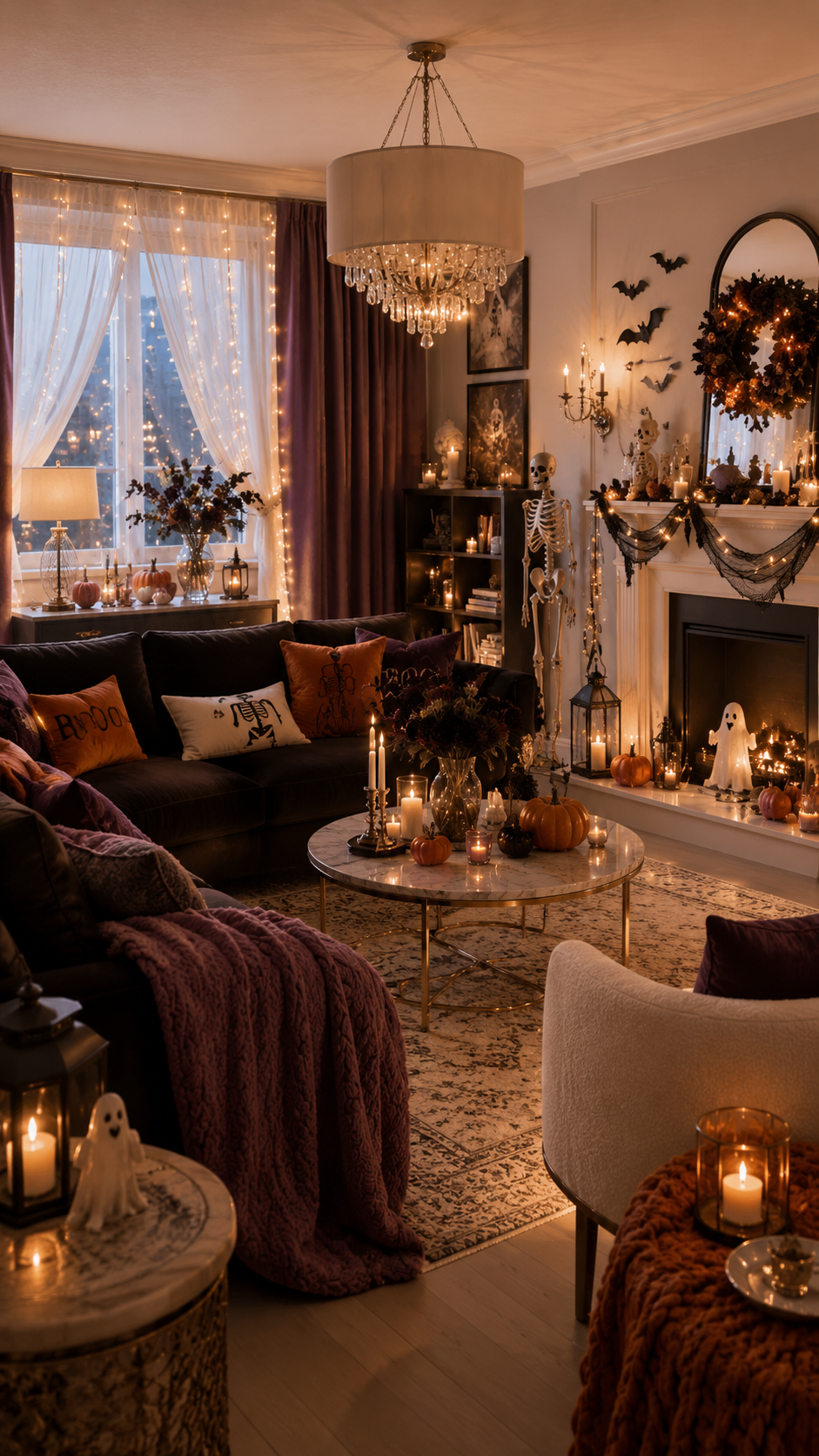 Luxury plum and charcoal Halloween living room with fireplace, fairy lights and pumpkins
