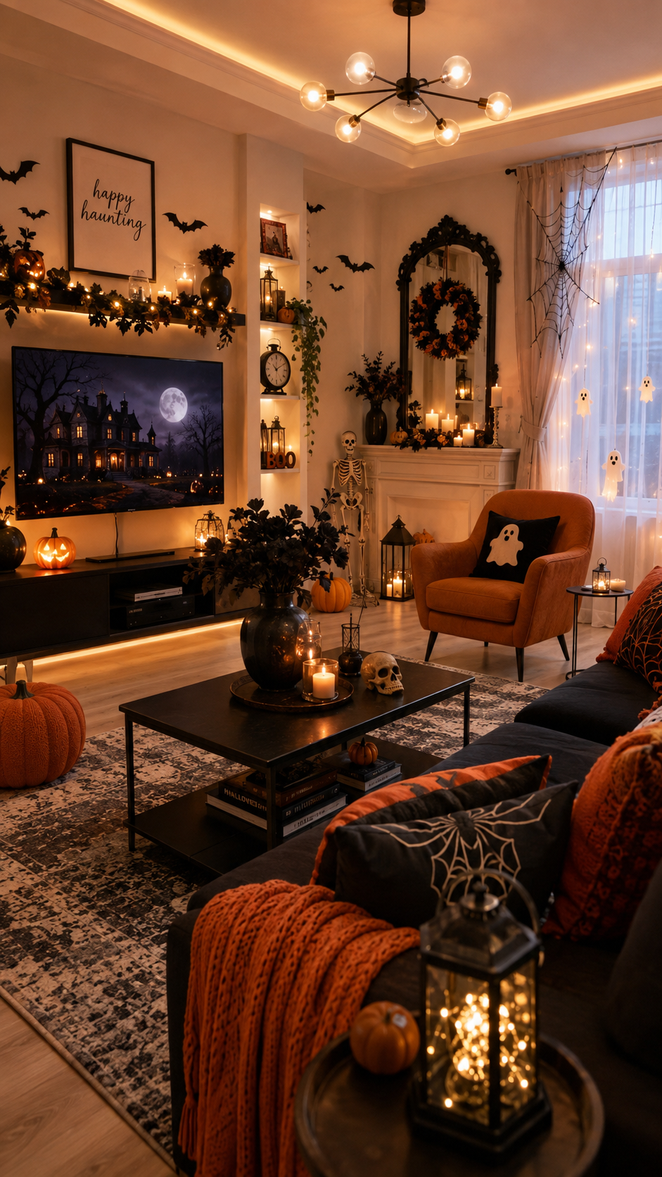 Modern black and orange Halloween living room with media wall and spooky decorations