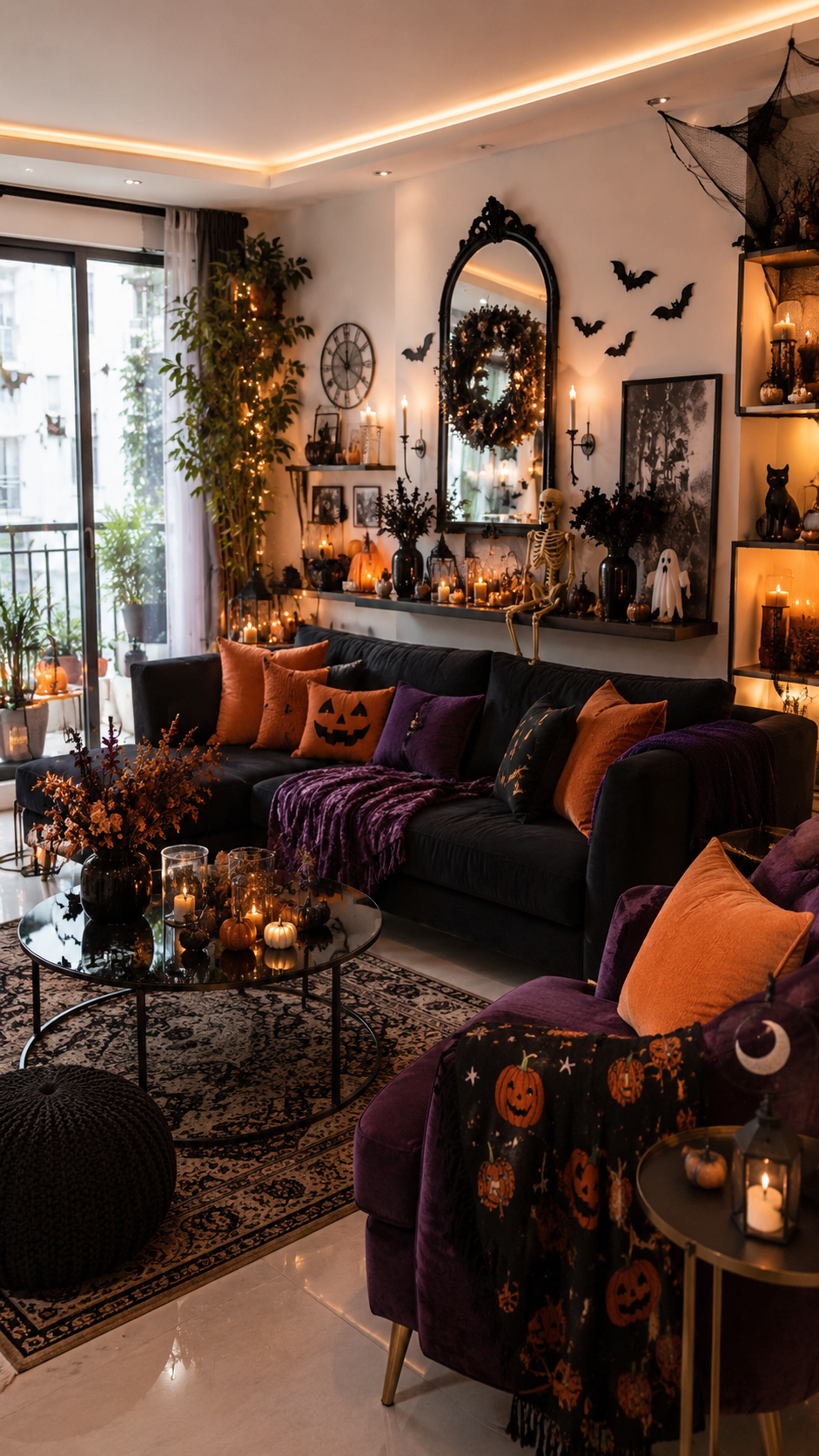 Purple and black Halloween living room with glowing lights, bats and pumpkins
