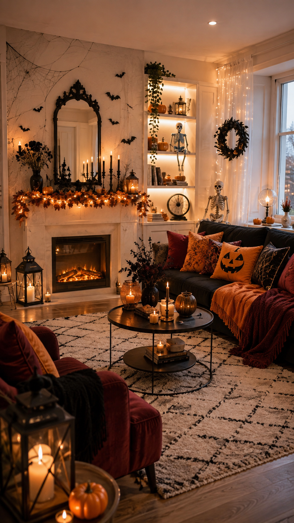 Black and burgundy Halloween living room with pumpkins, candles and gothic accents