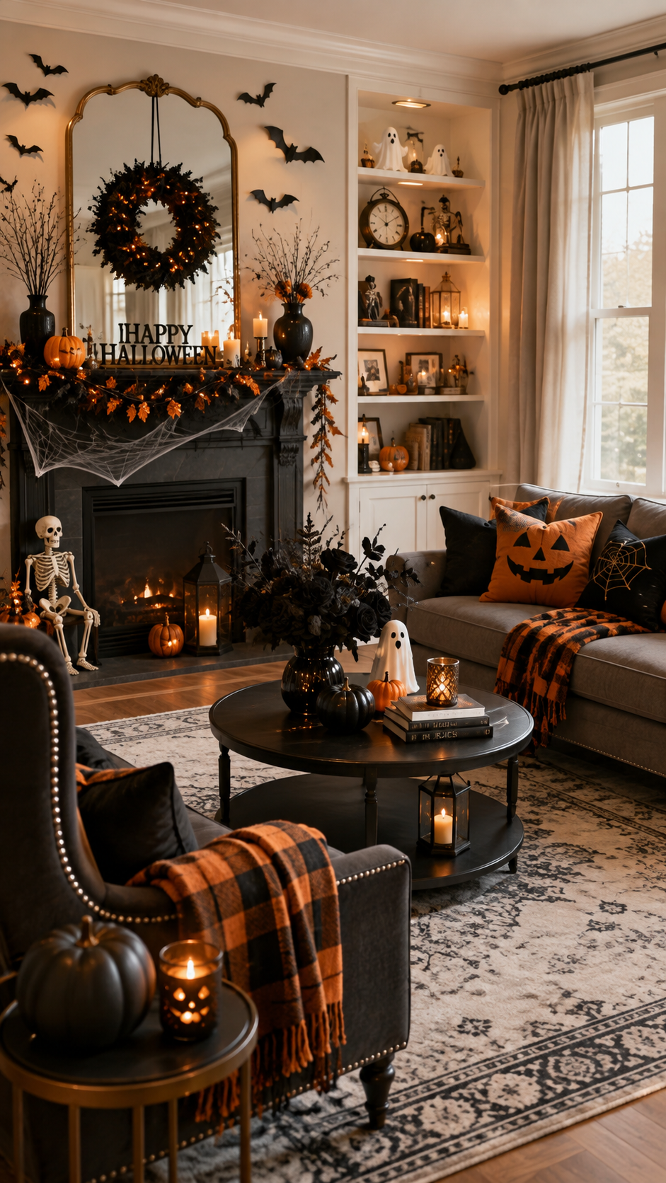 Classic black orange and gold Halloween living room with fireplace and seasonal styling