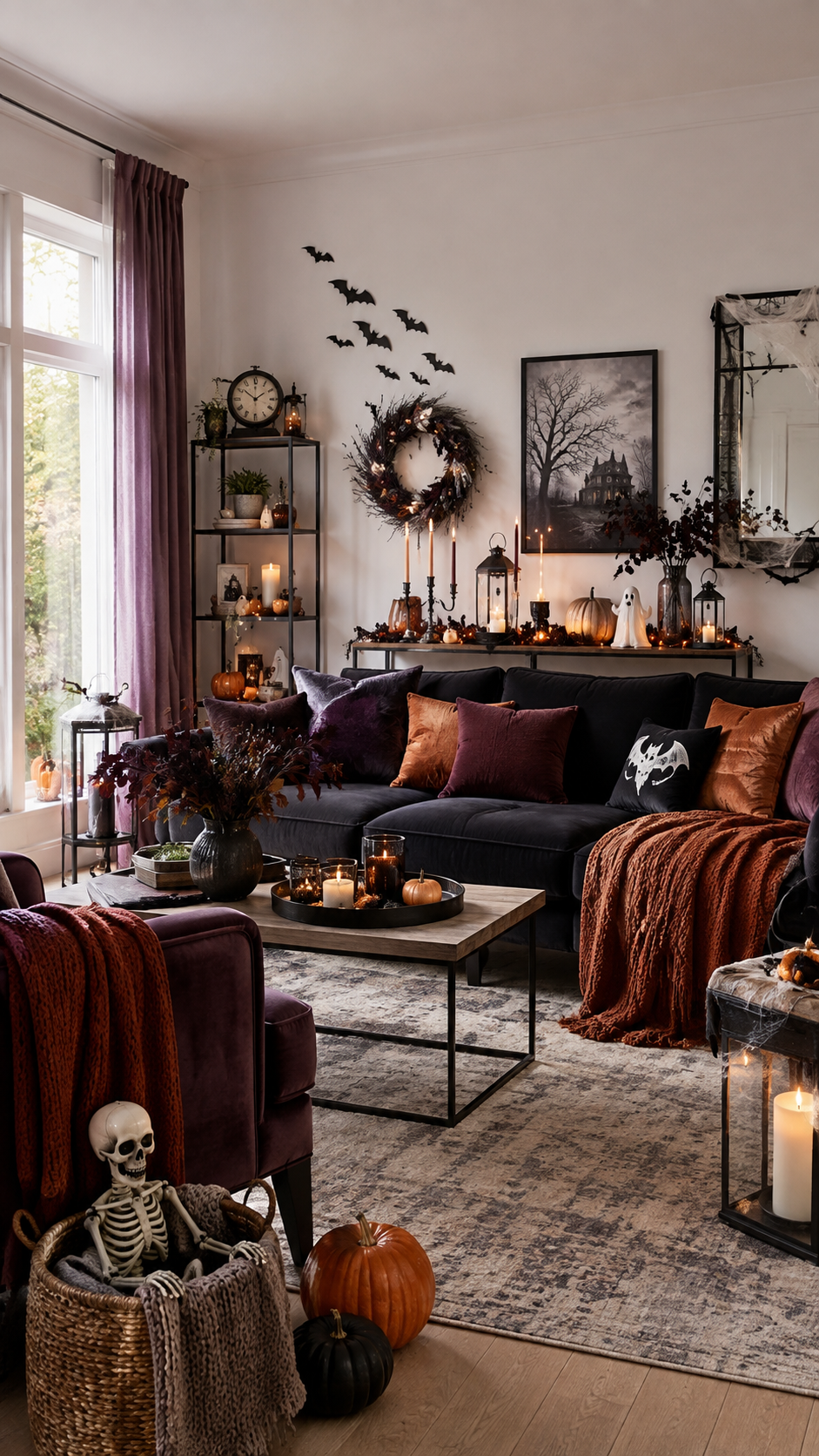 Moody charcoal and plum Halloween living room with candles, pumpkins and dark florals