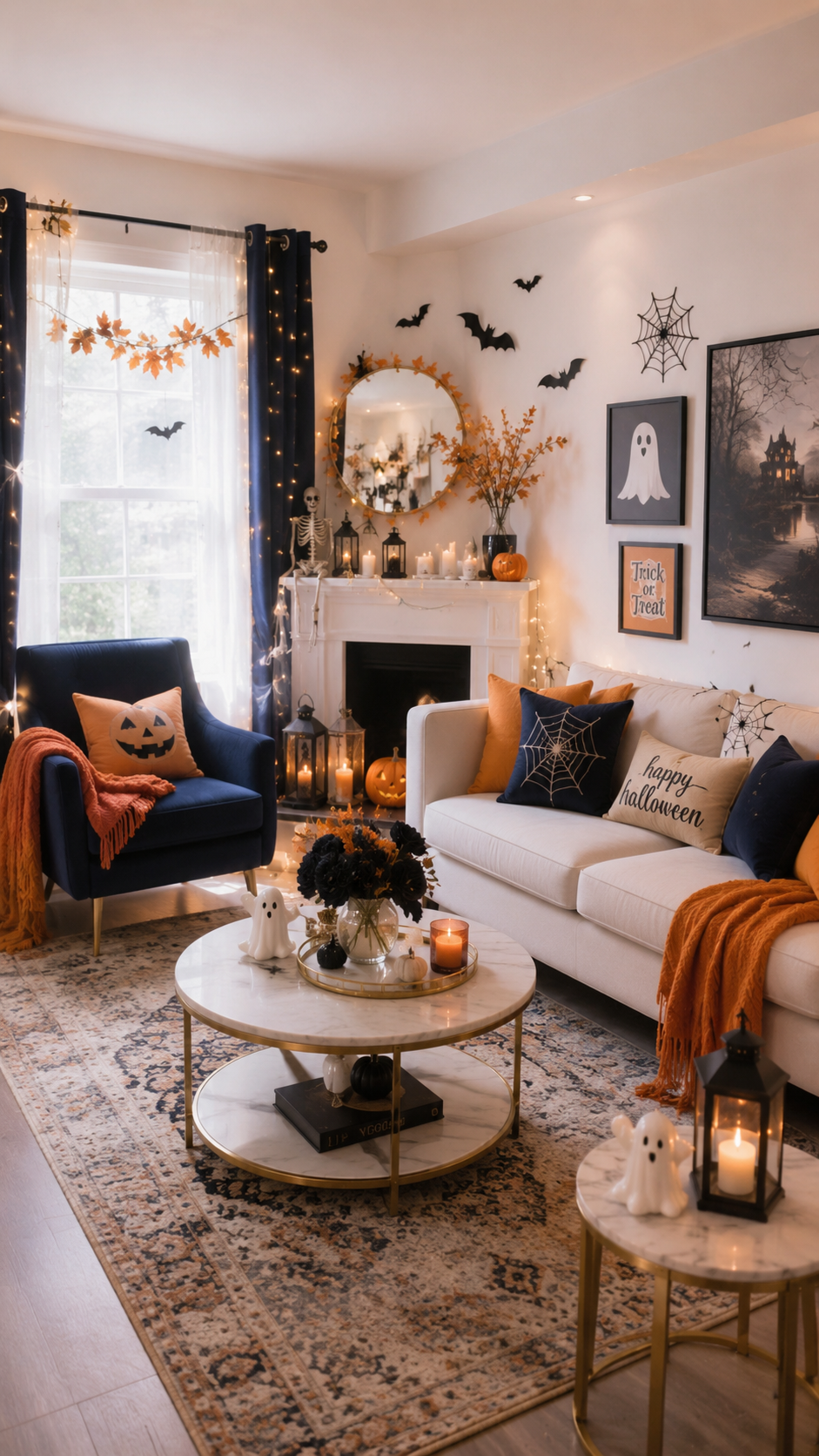 Navy cream and orange Halloween living room with fireplace and seasonal decorations