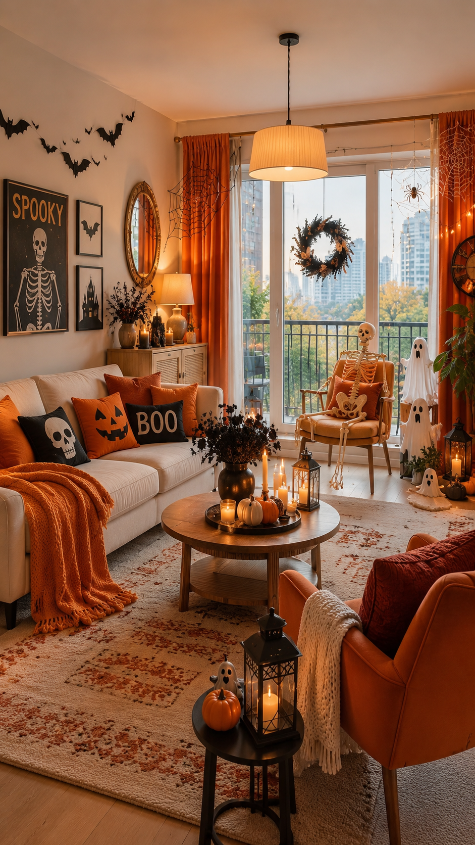 Orange and cream Halloween living room with pumpkins, skeleton decor and cozy textiles