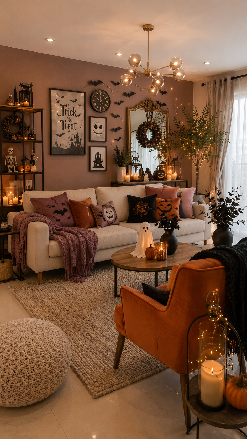 Neutral Halloween living room with mauve accents, pumpkins, bats and warm lights