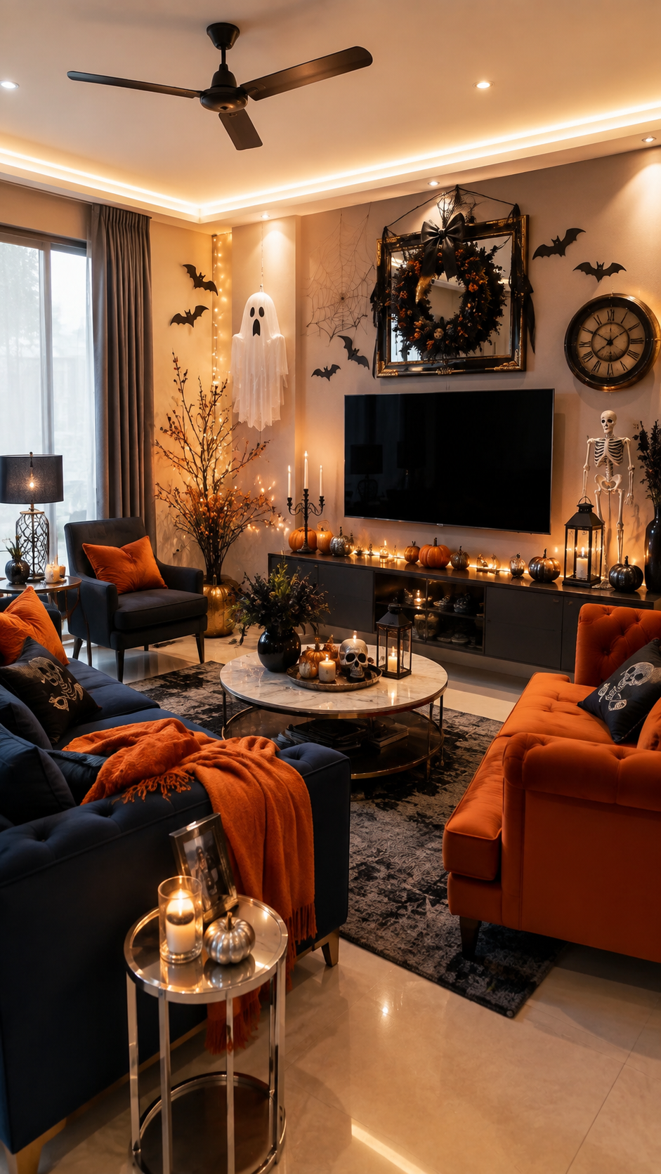Bold orange and navy Halloween living room with skeletons, bats and candlelight