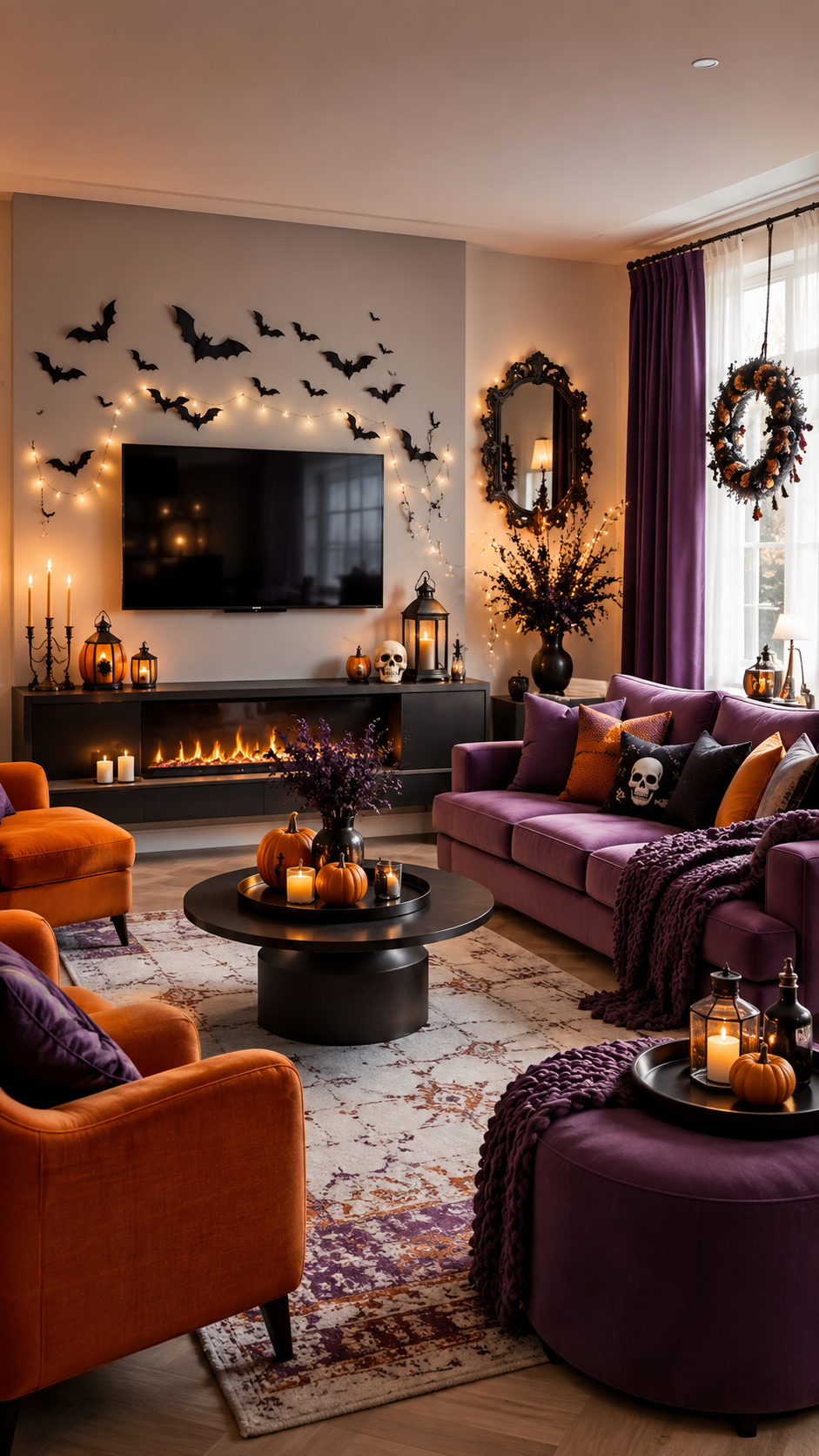 Purple and orange Halloween living room with gothic accents, candles and pumpkins