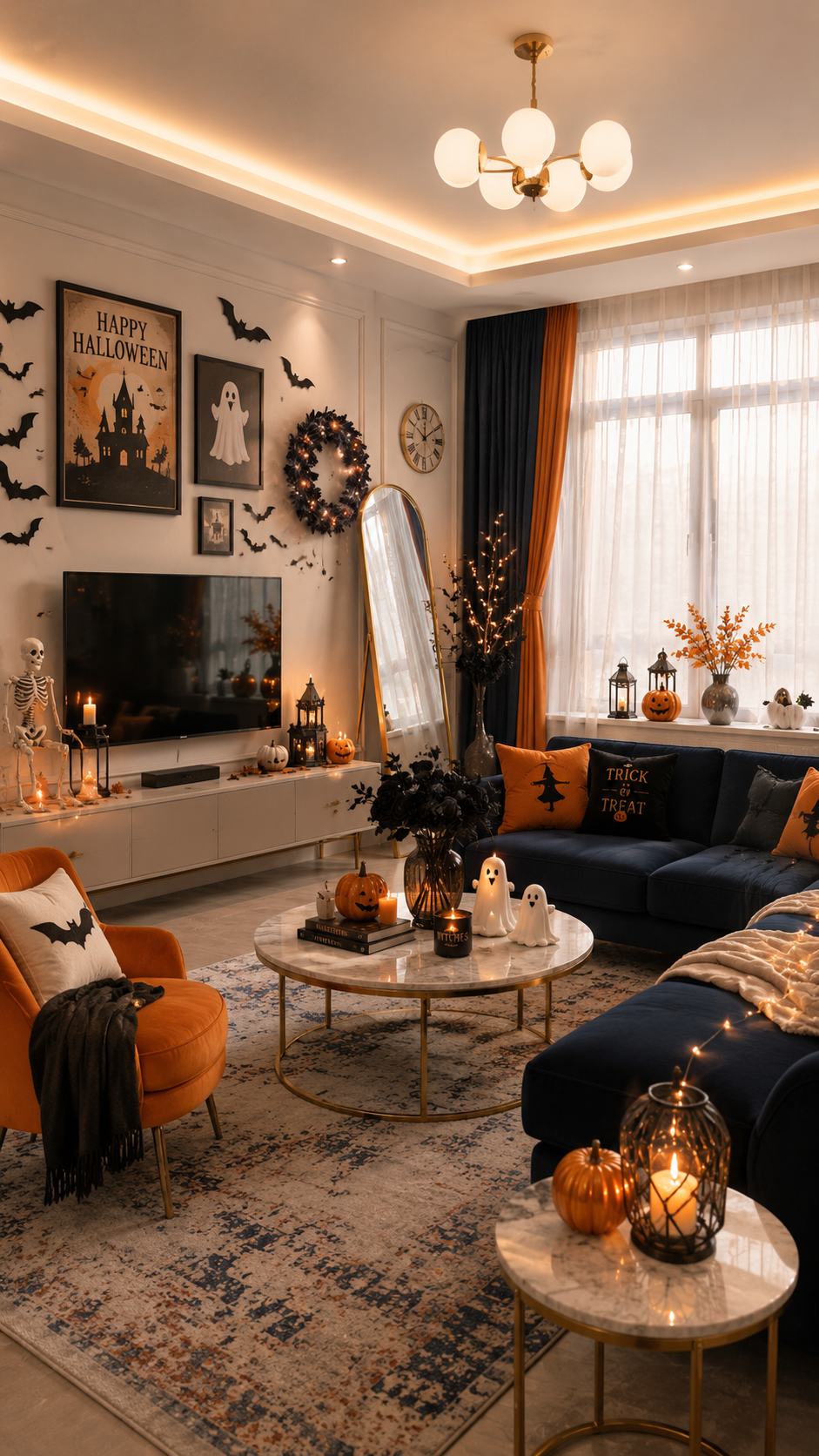 Navy and orange Halloween living room with marble table, pumpkins and modern decor