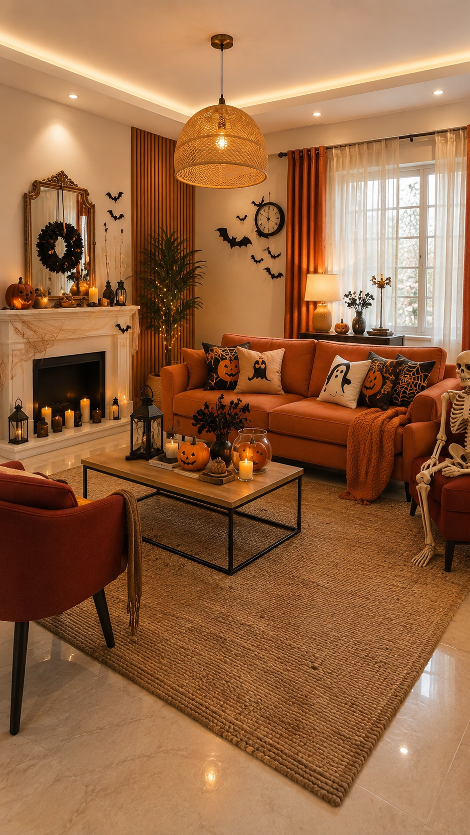 Cozy rustic Halloween living room with orange sofa, pumpkins and warm seasonal lighting