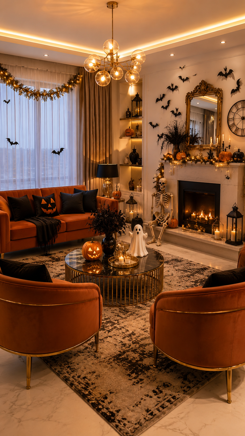 Elegant orange and black Halloween living room with pumpkins, candles and skeleton decor