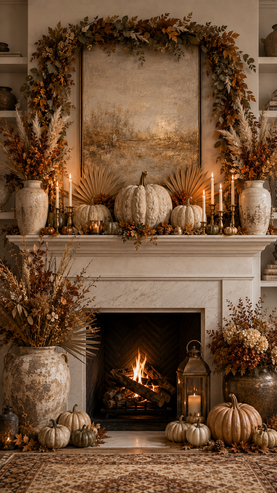 Black and orange fall mantel decor with white fireplace, dark floral painting, black pumpkins, orange garland, brass candlesticks, lanterns, mums, candles, and patterned rug