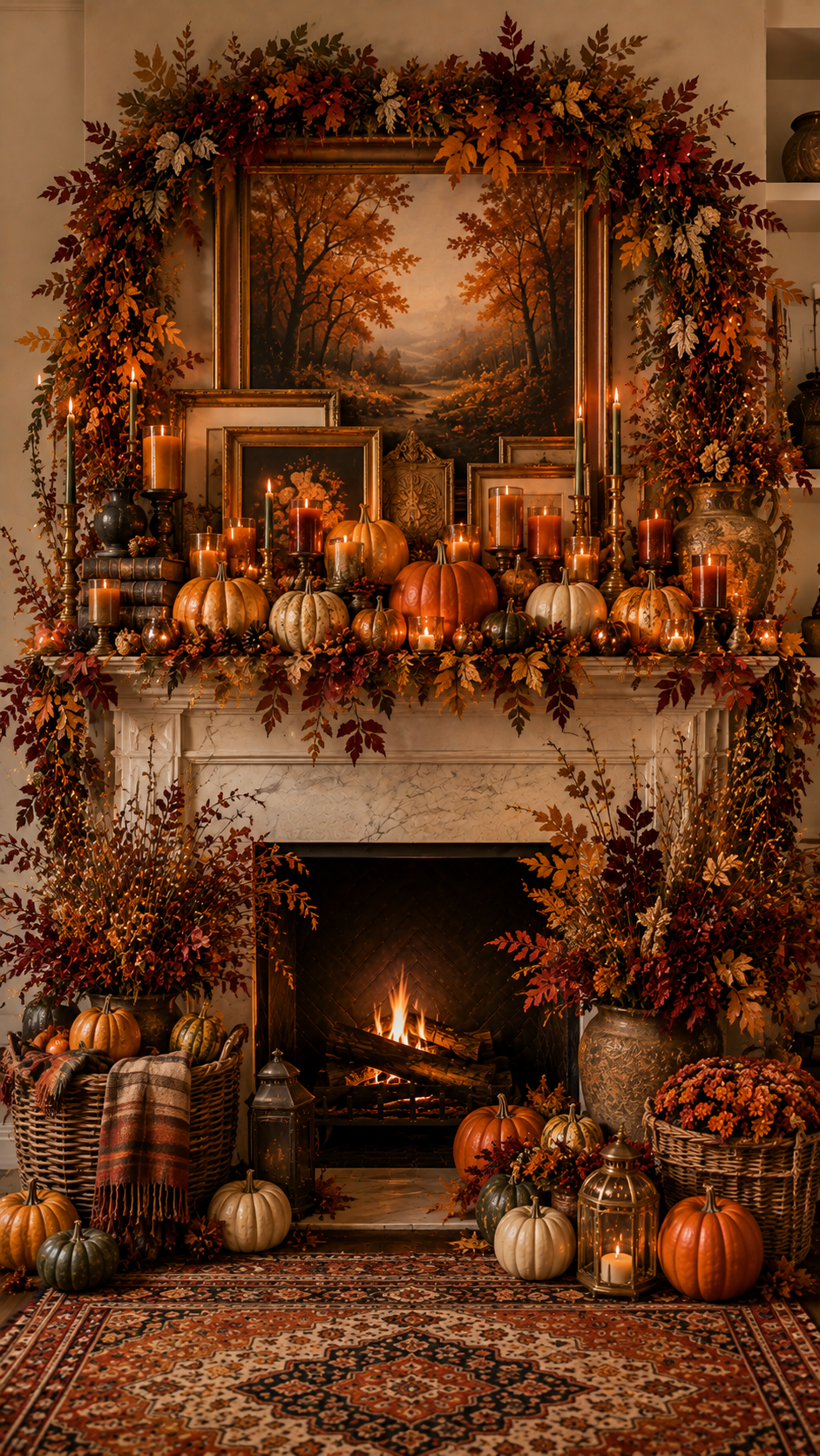 Traditional fall mantel decor with woodland painting, cascading autumn garland, pumpkins, brass candlesticks, hurricane candles, urns, lanterns, baskets, and patterned rug