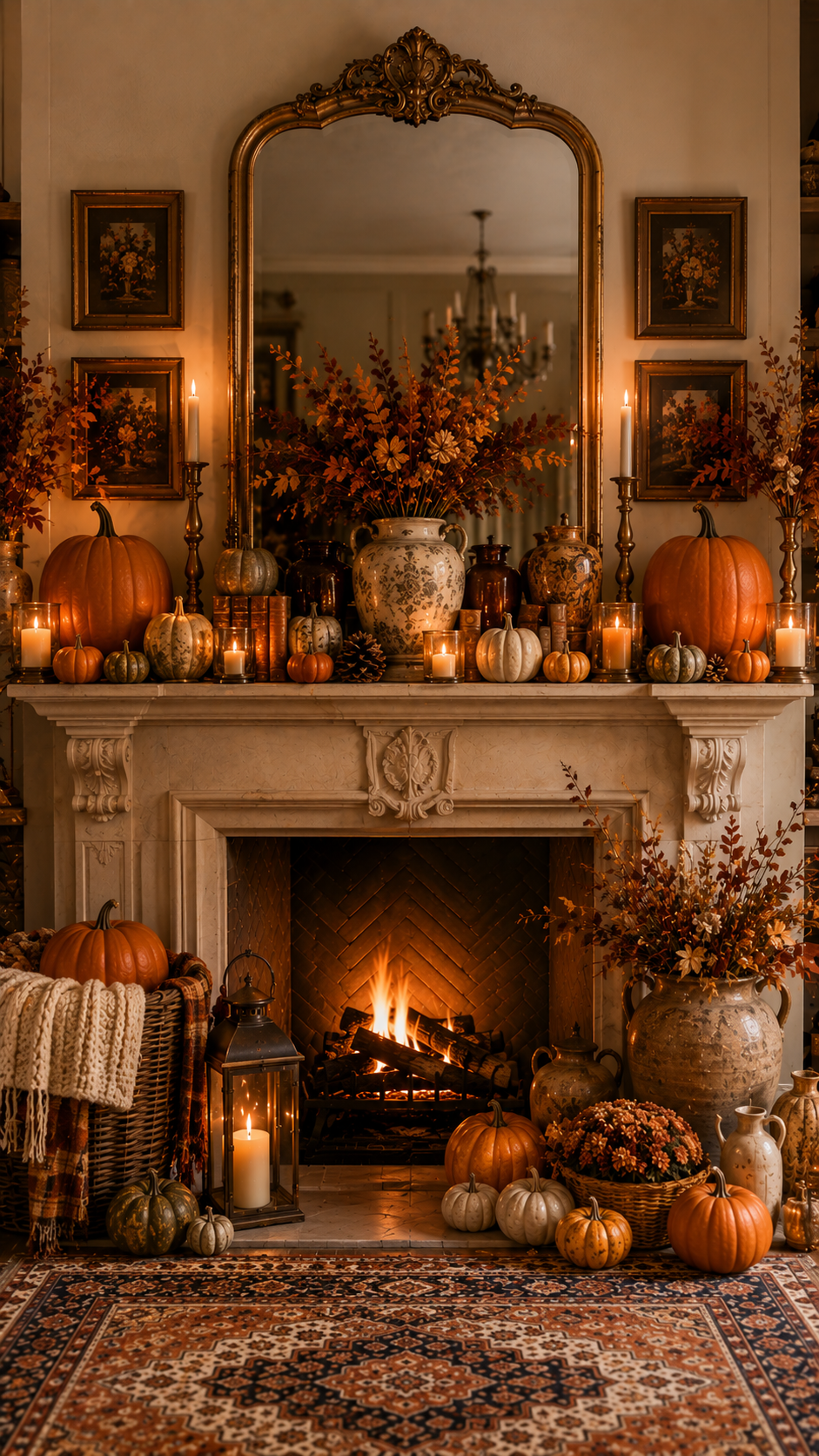 Fall mantel decor ideas with ornate gold mirror, carved cream fireplace, pumpkins, brass candles, autumn branches, baskets, lantern, blankets, and patterned rug