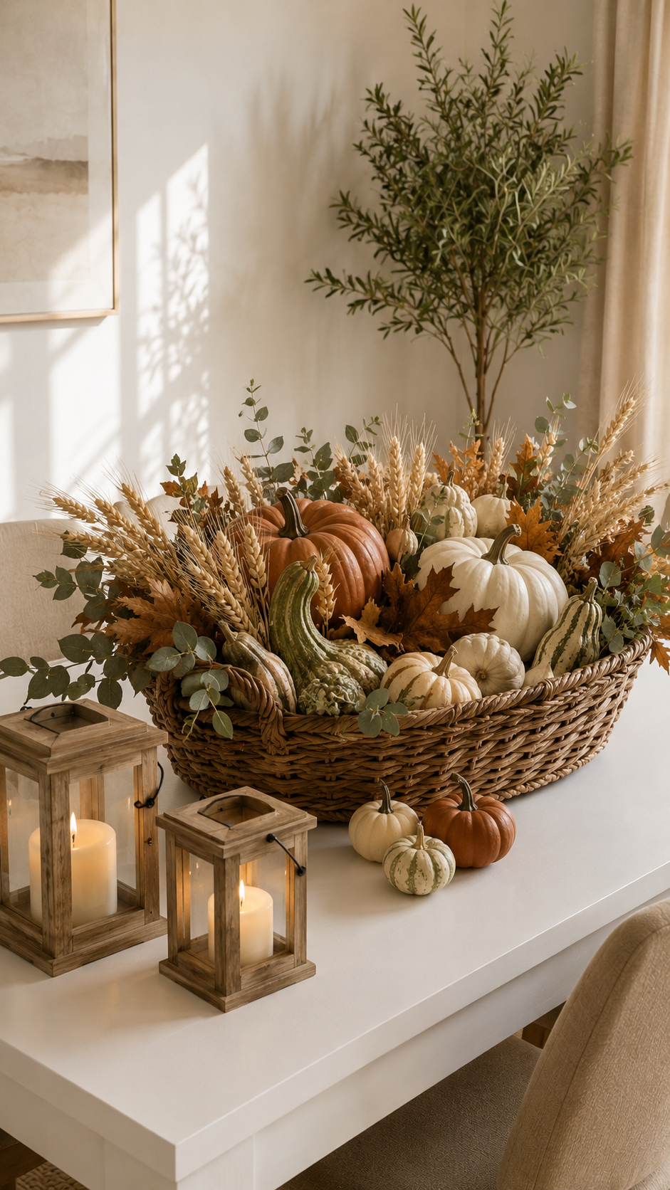 Harvest basket fall table centerpiece with woven basket, pumpkins, gourds, wheat, eucalyptus, copper maple leaves, wooden lanterns, pillar candles, olive tree, and neutral dining room
