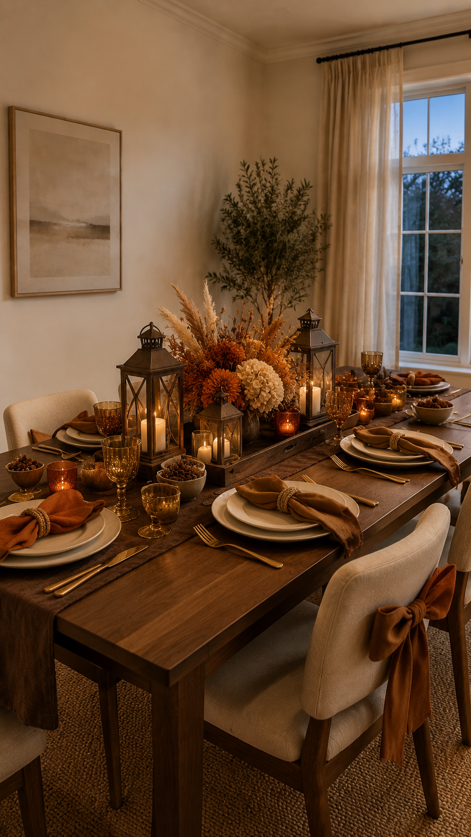 Candlelit fall table decor with dark wood table, brown runner, wooden tray, black lanterns, pillar candles, rust flowers, amber goblets, gold flatware, ivory chairs, and evening window view