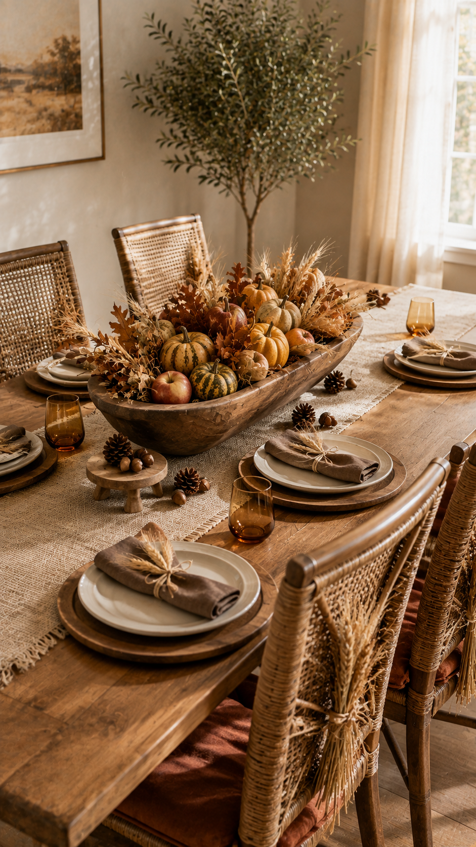 Rustic fall table decor with weathered wood table, dough bowl centerpiece, pumpkins, gourds, apples, dried oak leaves, wheat, pinecones, woven chairs, brown napkins, and amber glasses