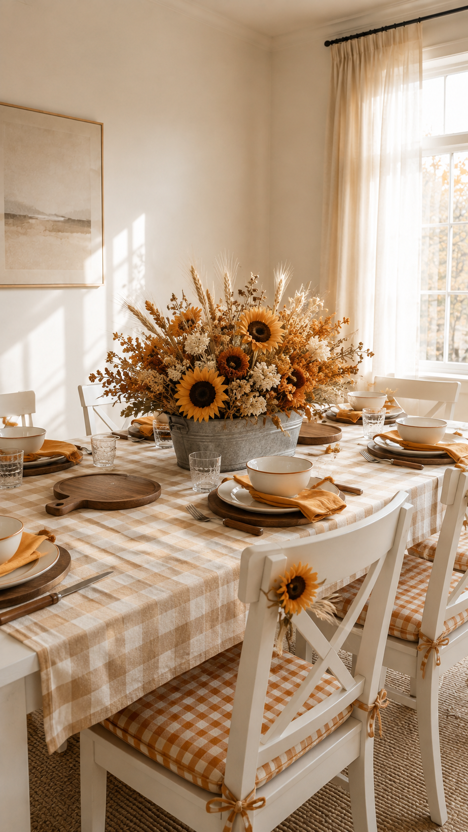 Sunflower fall table decor with gingham tablecloth, galvanized tub centerpiece, yellow sunflowers, wheat, mustard napkins, wooden chargers, white chairs, checked cushions, and rustic farmhouse styling