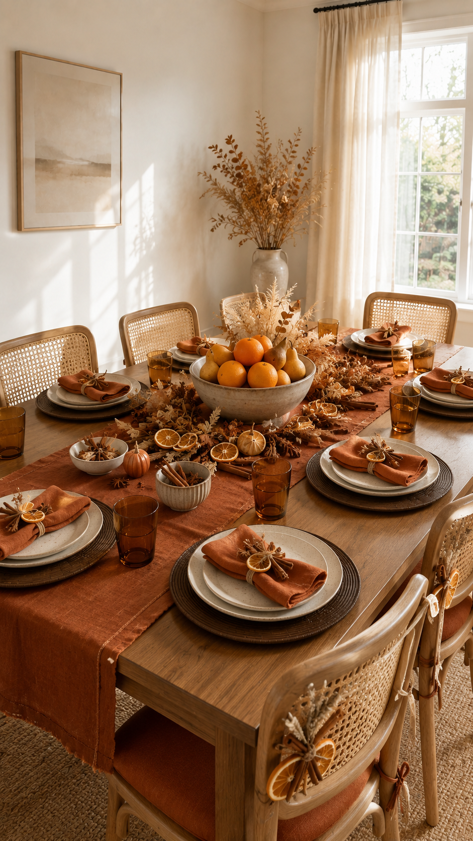 Citrus fall table decor with natural wood table, burnt orange runner, bowl of oranges lemons and pears, dried orange slices, cinnamon sticks, mini pumpkins, amber glasses, and cane chairs