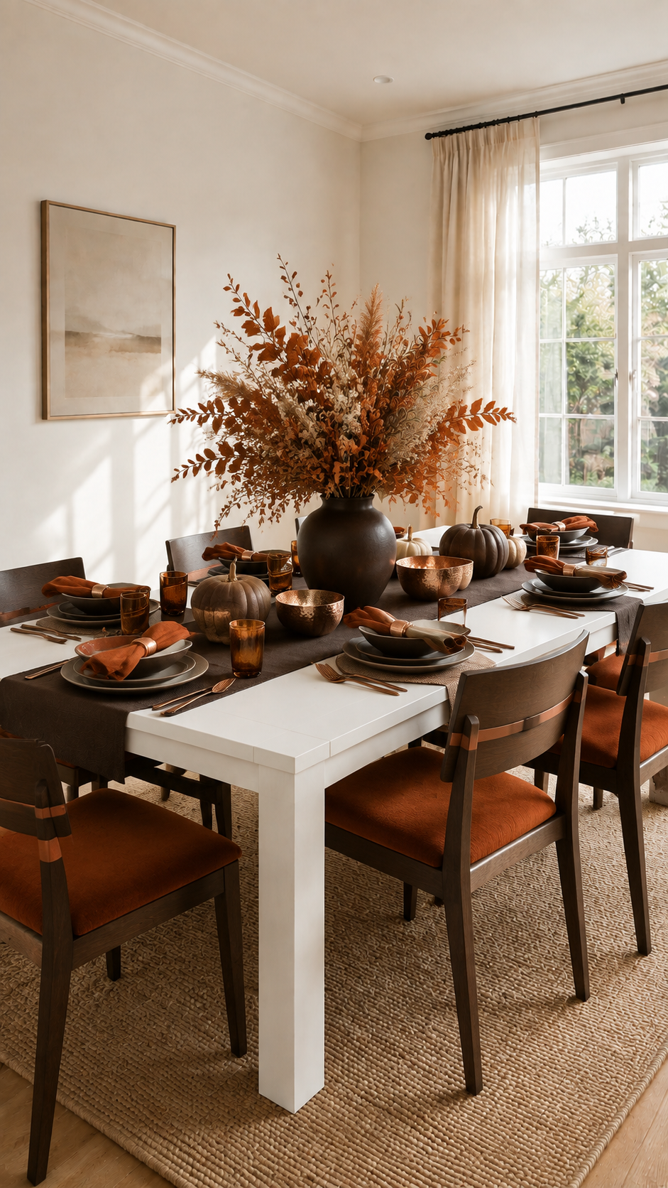 Modern fall table decor with black vase, dried branches, rust foliage, black runner, charcoal dinnerware, copper bowls, amber glasses, burnt orange napkins, and dark wood chairs