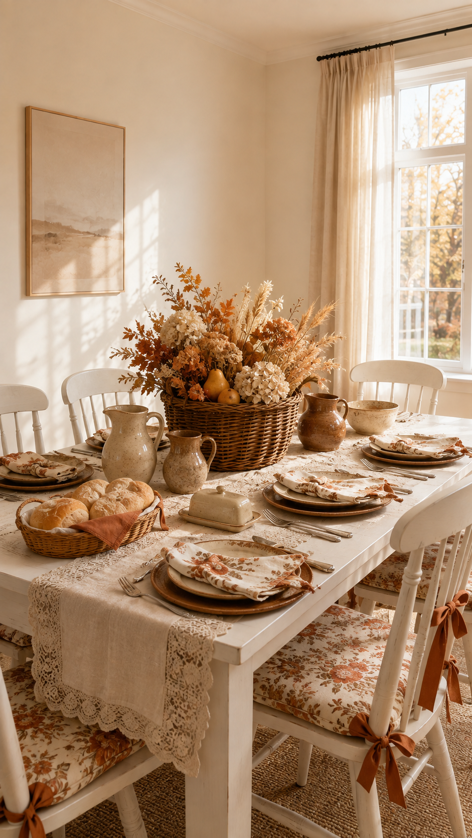 Cottage farmhouse fall table decor with white dining table, lace runner, woven basket centerpiece, dried hydrangeas, wheat, pears, stoneware plates, floral napkins, rust bows, and sunlight