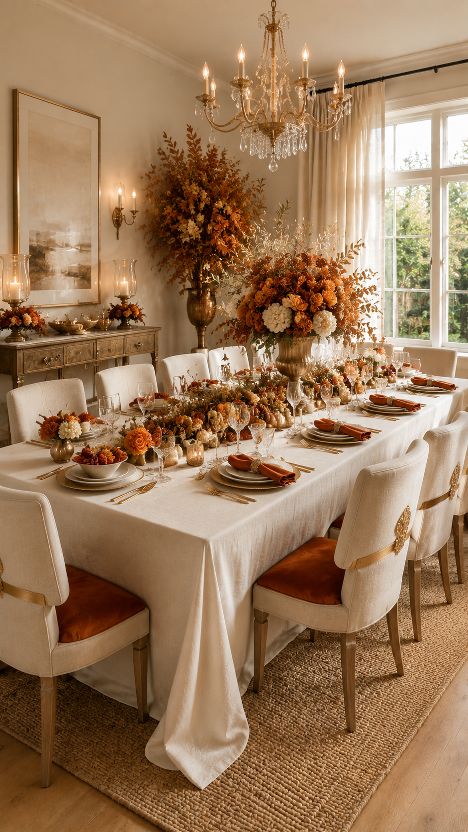 Luxury fall table decor with crystal chandelier, ivory tablecloth, oversized urn centerpiece, rust flowers, gold flatware, crystal goblets, pumpkin garland, ivory chairs, and elegant dining room