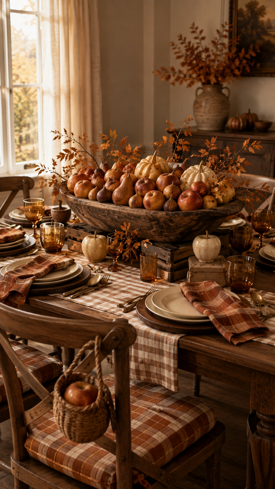 Farmhouse fall table decor with weathered wooden bowl, pears, apples, figs, pumpkins, copper leaves, gingham runner, amber glassware, plaid napkins, and rustic sideboard