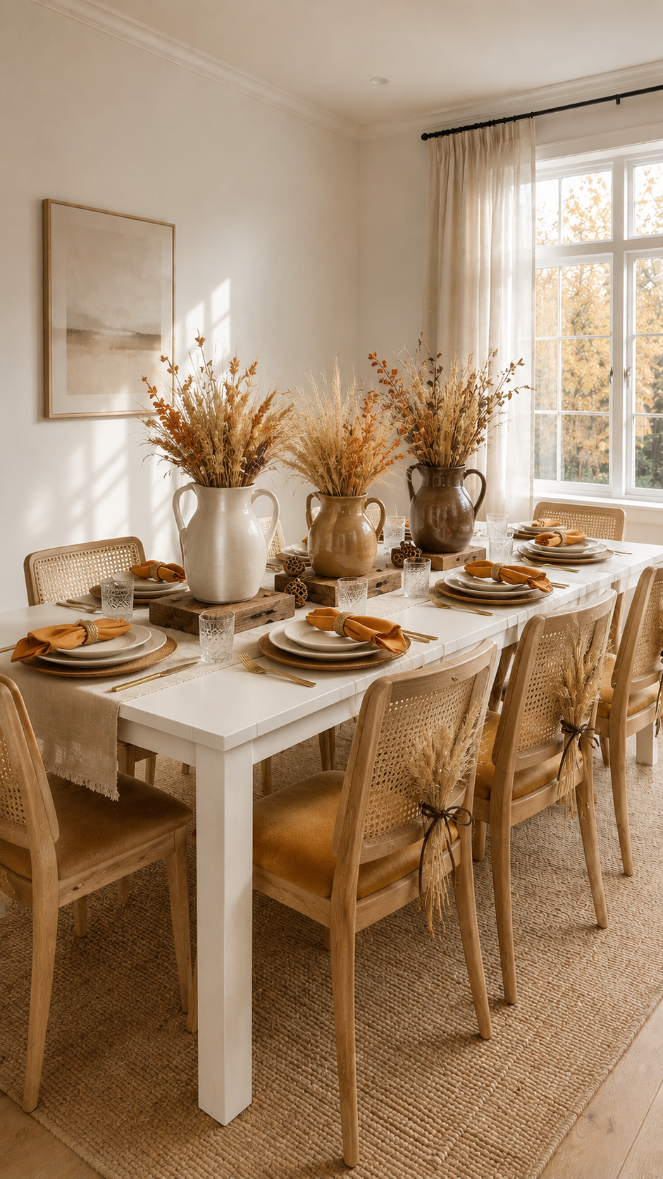 Organic modern fall table decor with white dining table, cream runner, ceramic pitchers, dried wheat, amber foliage, wooden risers, woven chargers, mustard napkins, cane chairs, and wheat chair bundles