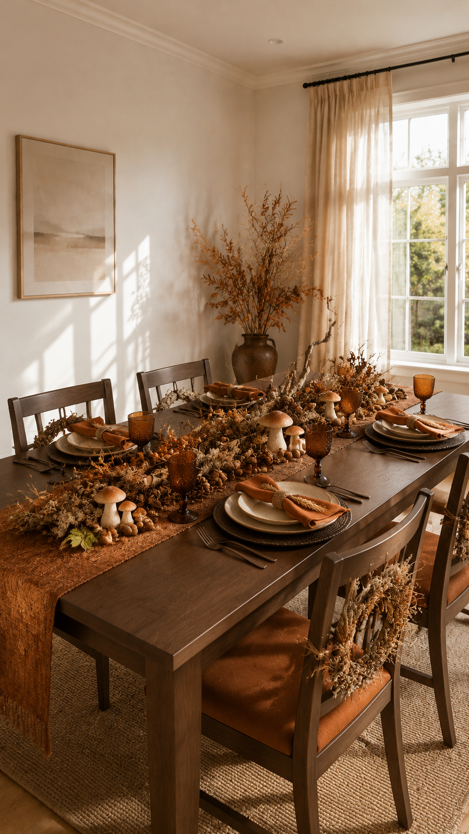 Woodland fall table decor with dark wood table, burnt orange runner, mushroom centerpiece, dried leaves, pinecones, moss, rust napkins, amber goblets, and chair wreaths