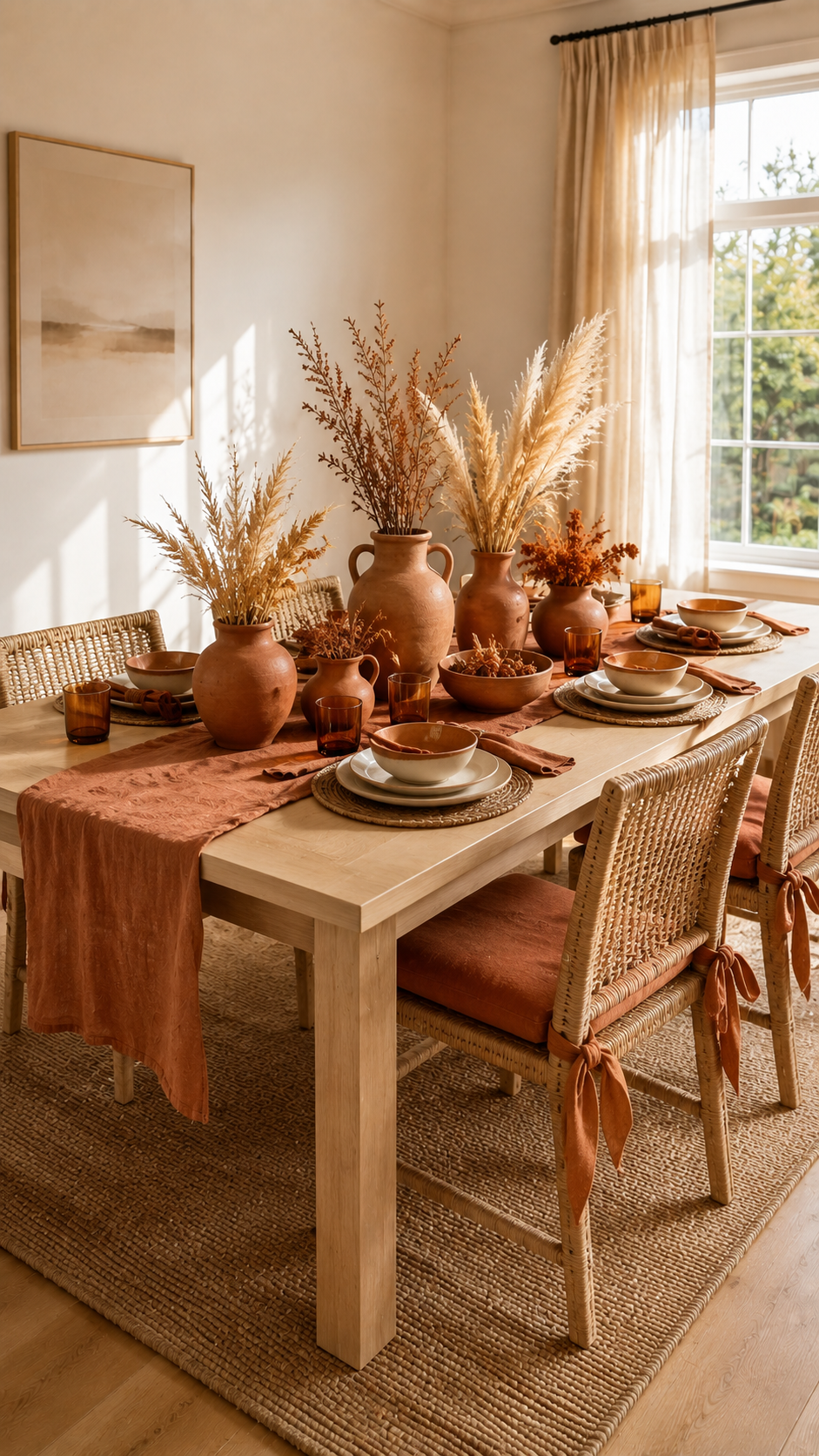 Terracotta fall table decor with natural wood dining table, rust linen runner, terracotta vases, pampas grass, dried branches, woven placemats, amber glasses, and rattan chairs
