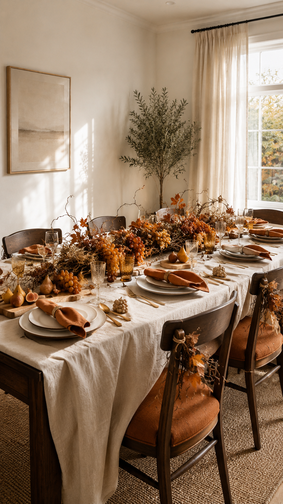 Harvest fall table decor with ivory tablecloth, low autumn garland, dried leaves, grapes, pears, figs, amber glasses, rust napkins, gold cutlery, and chair bundles