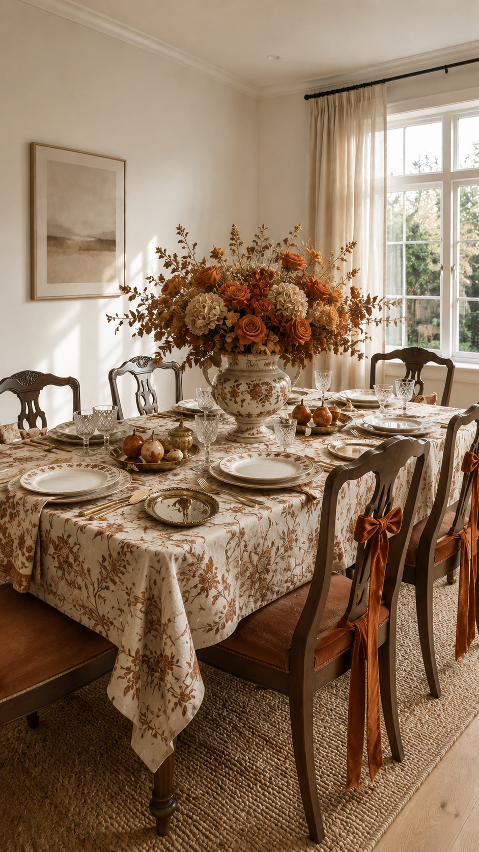 Fall table decor ideas with wooden dining table, cream botanical tablecloth, large floral centerpiece, rust velvet chair bows, pumpkins, gold cutlery, glass goblets, and warm sunlight